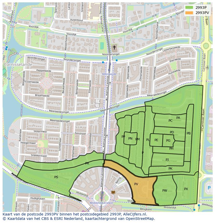 Afbeelding van het postcodegebied 2993 PV op de kaart.