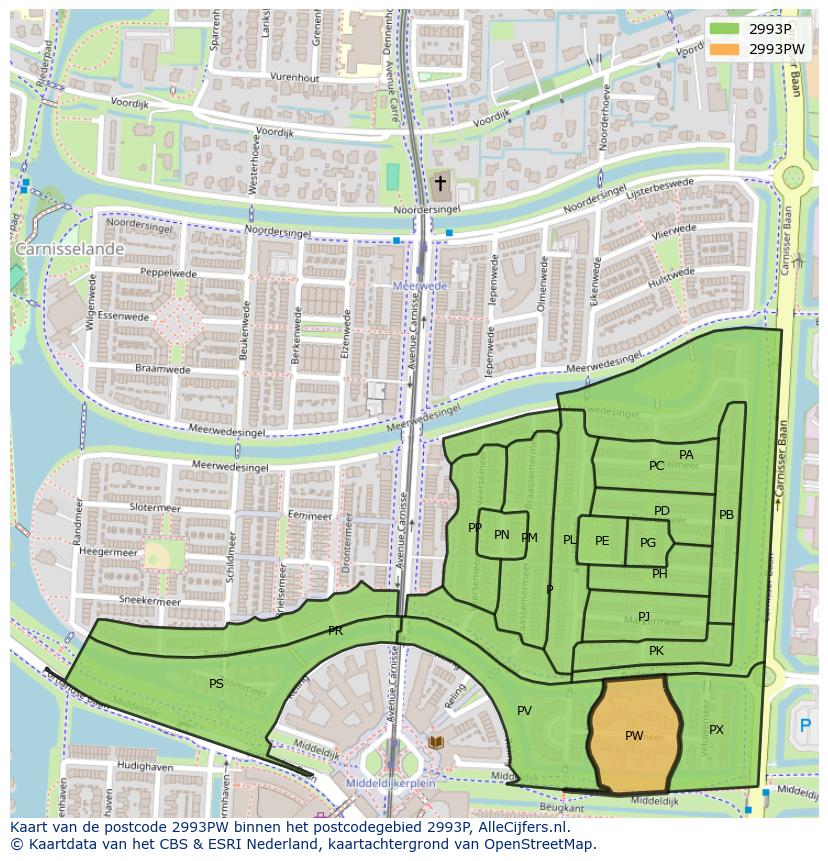 Afbeelding van het postcodegebied 2993 PW op de kaart.