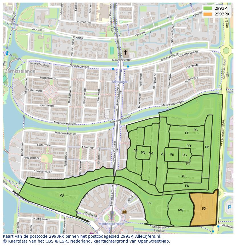 Afbeelding van het postcodegebied 2993 PX op de kaart.
