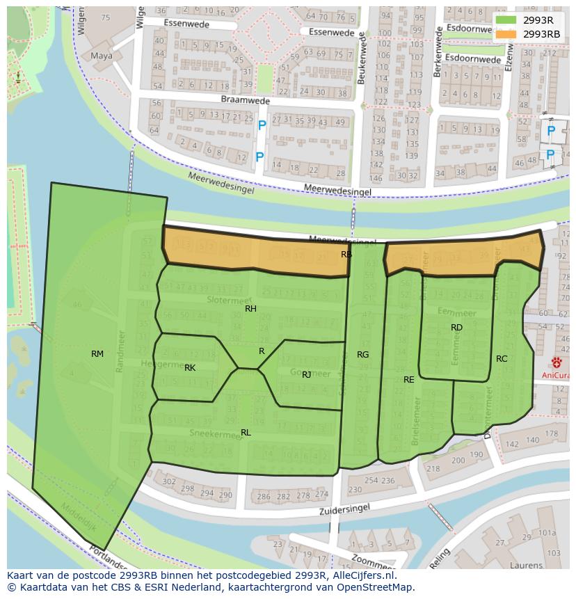 Afbeelding van het postcodegebied 2993 RB op de kaart.