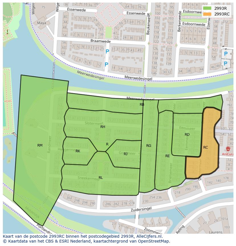 Afbeelding van het postcodegebied 2993 RC op de kaart.
