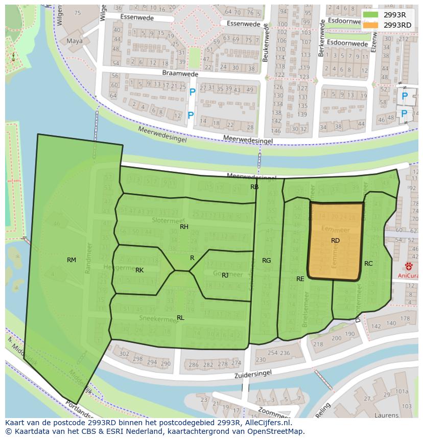 Afbeelding van het postcodegebied 2993 RD op de kaart.