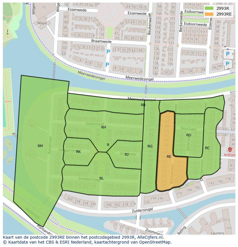 Afbeelding van het postcodegebied 2993 RE op de kaart.