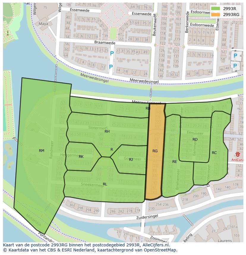 Afbeelding van het postcodegebied 2993 RG op de kaart.