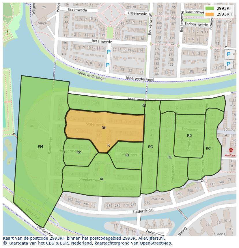 Afbeelding van het postcodegebied 2993 RH op de kaart.