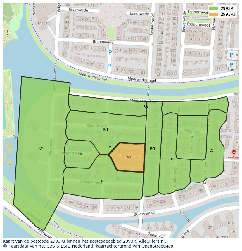 Afbeelding van het postcodegebied 2993 RJ op de kaart.