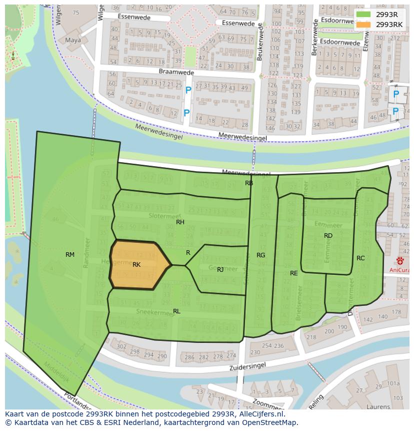 Afbeelding van het postcodegebied 2993 RK op de kaart.