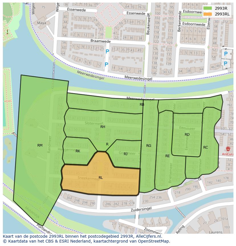 Afbeelding van het postcodegebied 2993 RL op de kaart.