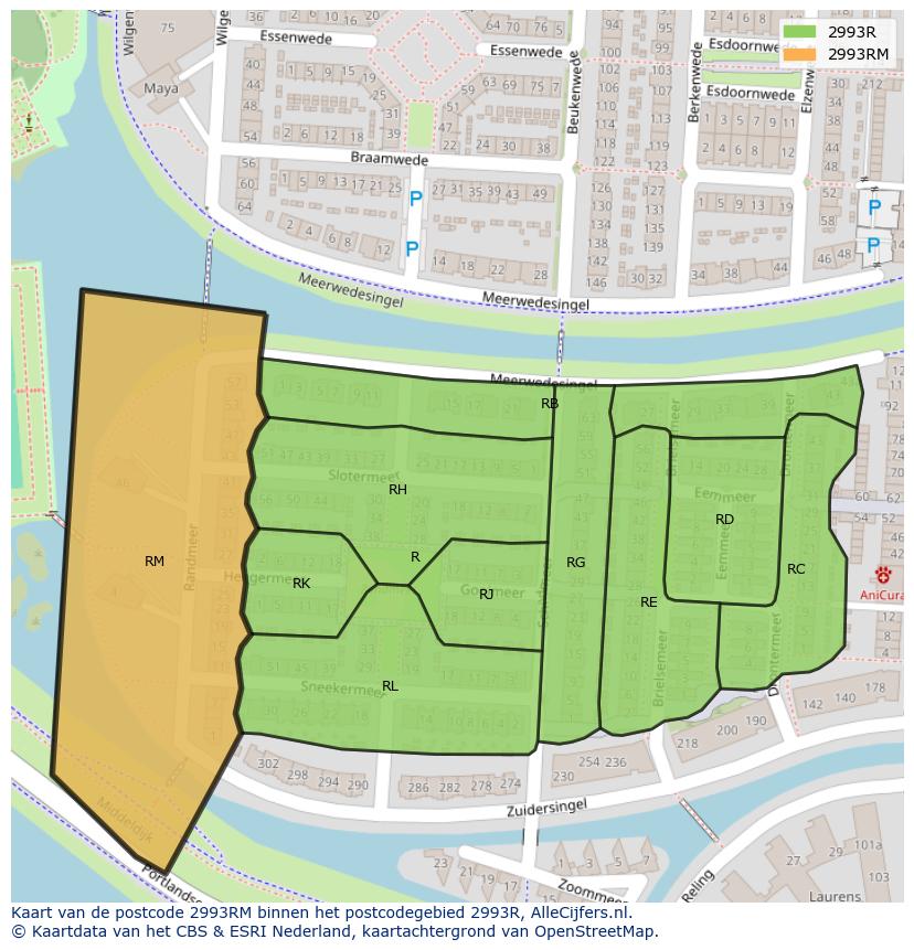 Afbeelding van het postcodegebied 2993 RM op de kaart.