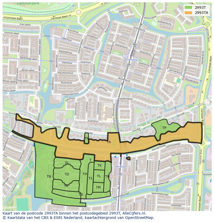 Afbeelding van het postcodegebied 2993 TA op de kaart.