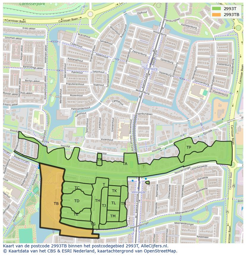 Afbeelding van het postcodegebied 2993 TB op de kaart.