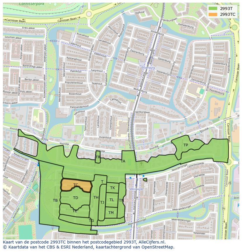 Afbeelding van het postcodegebied 2993 TC op de kaart.