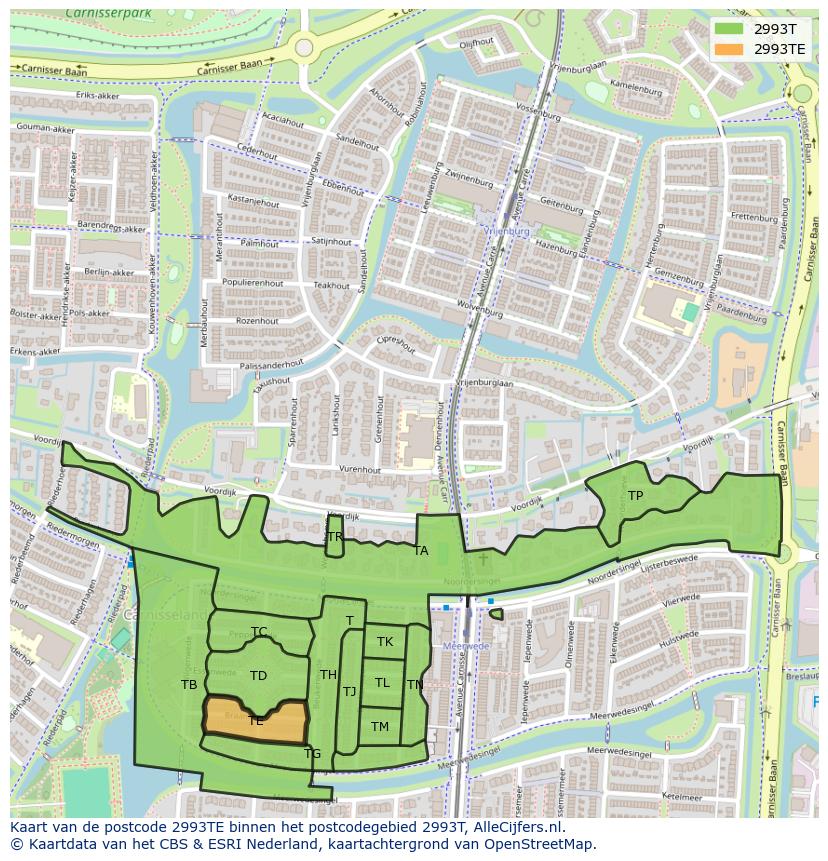 Afbeelding van het postcodegebied 2993 TE op de kaart.
