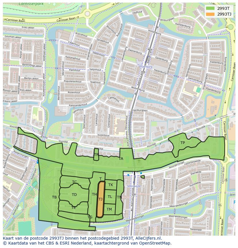 Afbeelding van het postcodegebied 2993 TJ op de kaart.