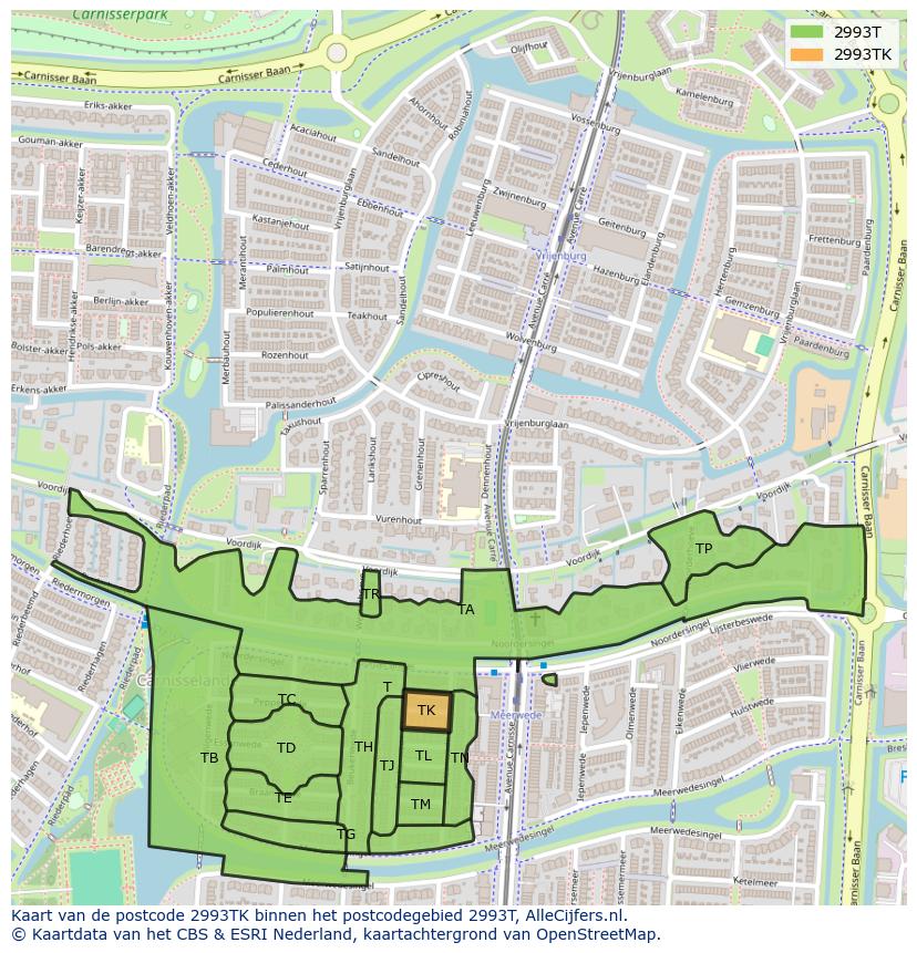 Afbeelding van het postcodegebied 2993 TK op de kaart.