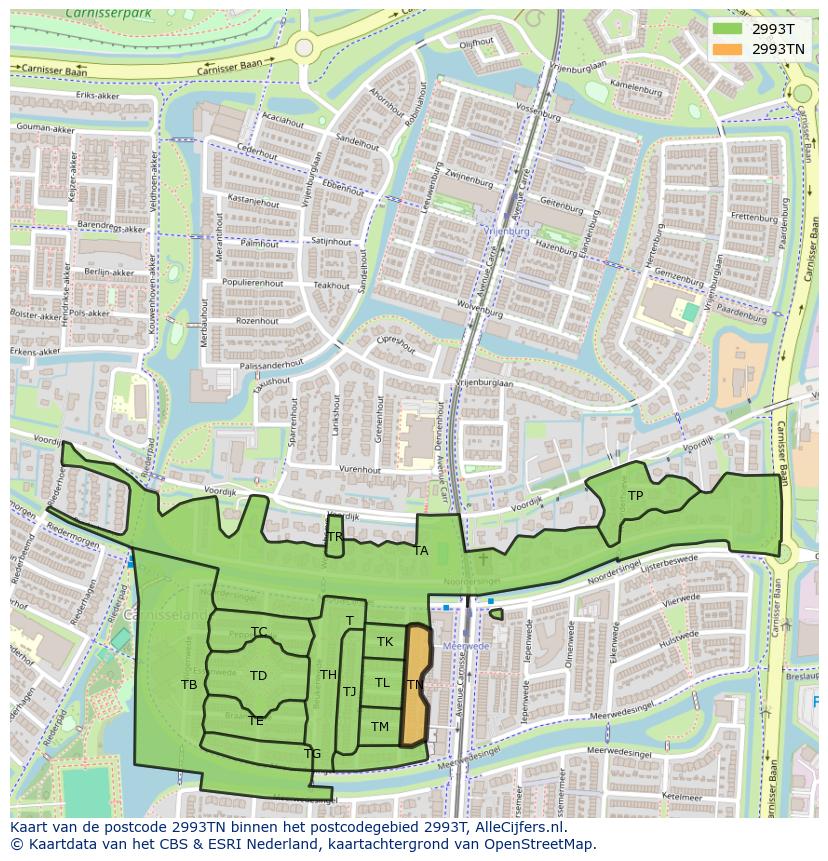 Afbeelding van het postcodegebied 2993 TN op de kaart.
