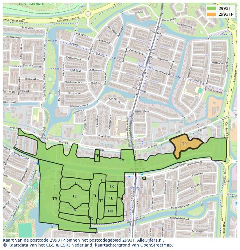 Afbeelding van het postcodegebied 2993 TP op de kaart.