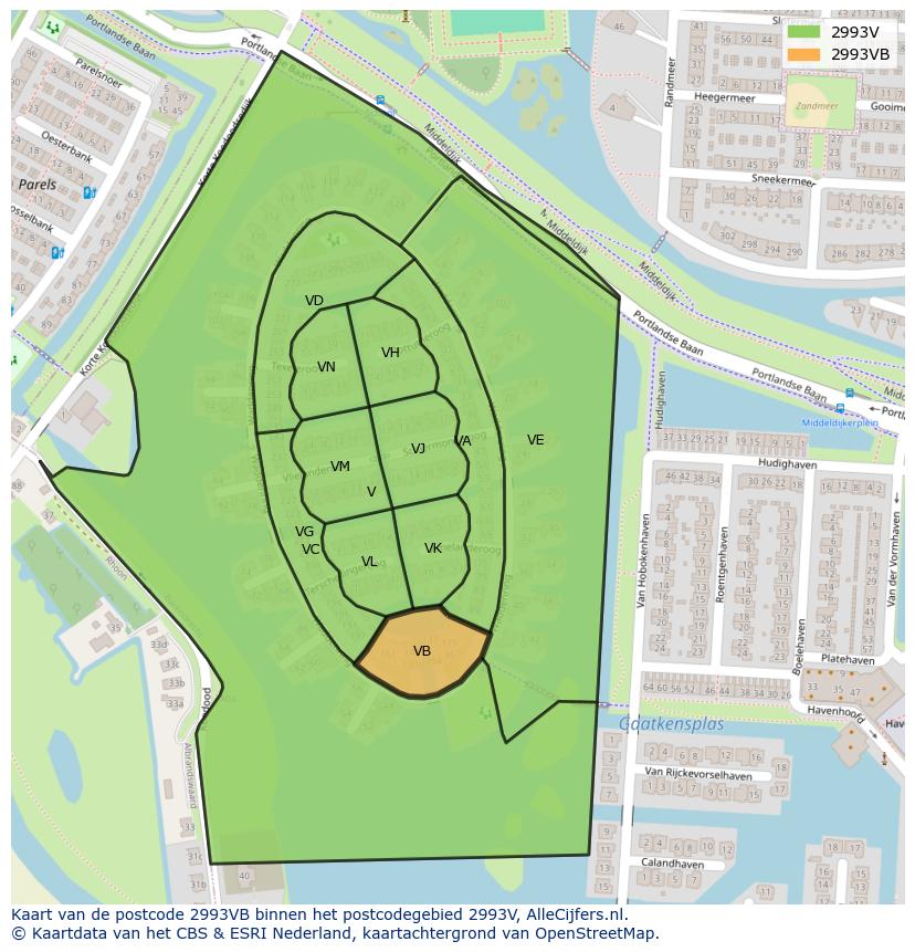 Afbeelding van het postcodegebied 2993 VB op de kaart.