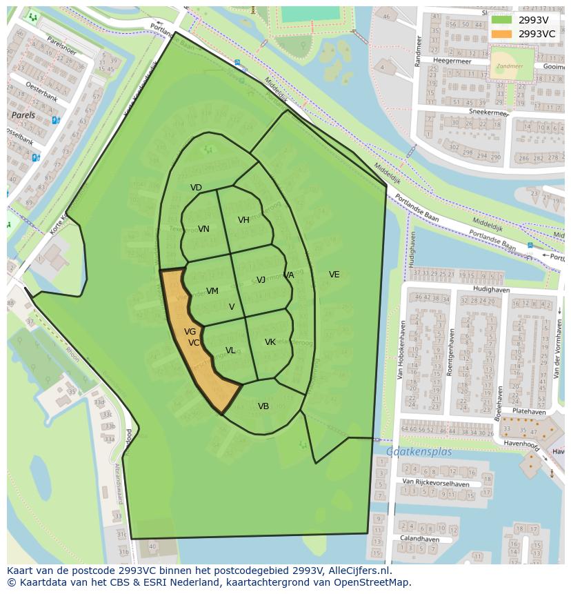 Afbeelding van het postcodegebied 2993 VC op de kaart.