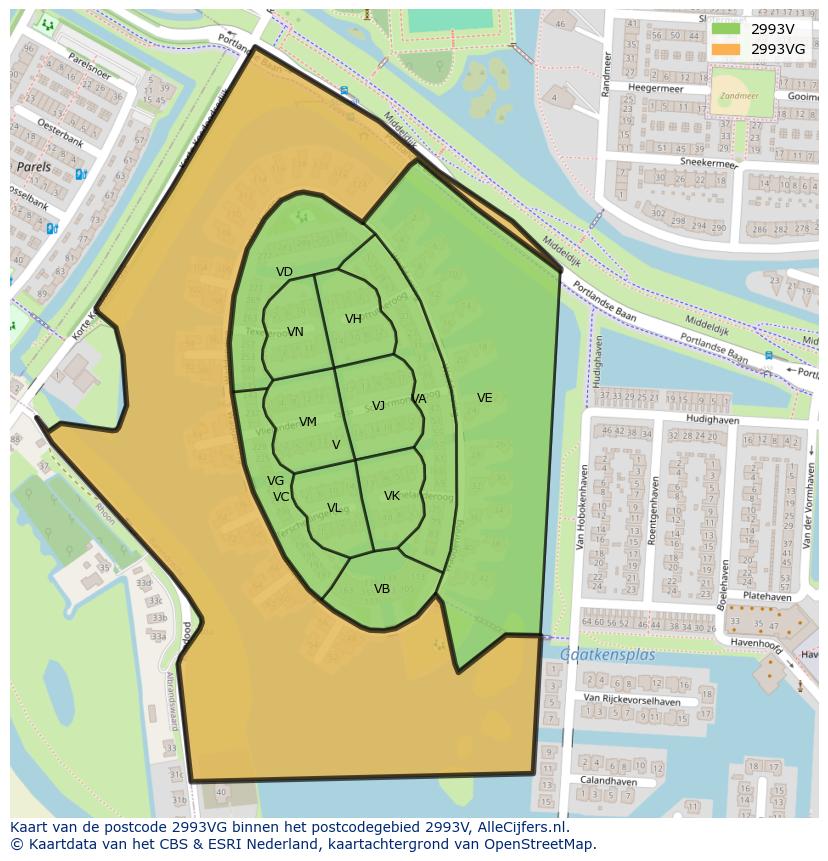 Afbeelding van het postcodegebied 2993 VG op de kaart.