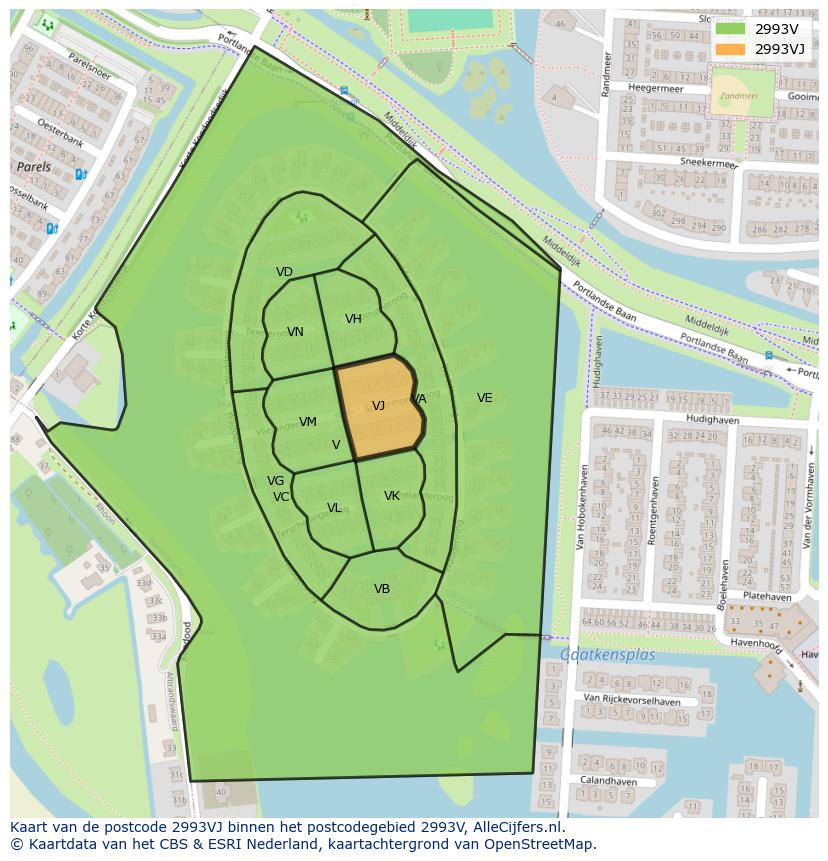 Afbeelding van het postcodegebied 2993 VJ op de kaart.