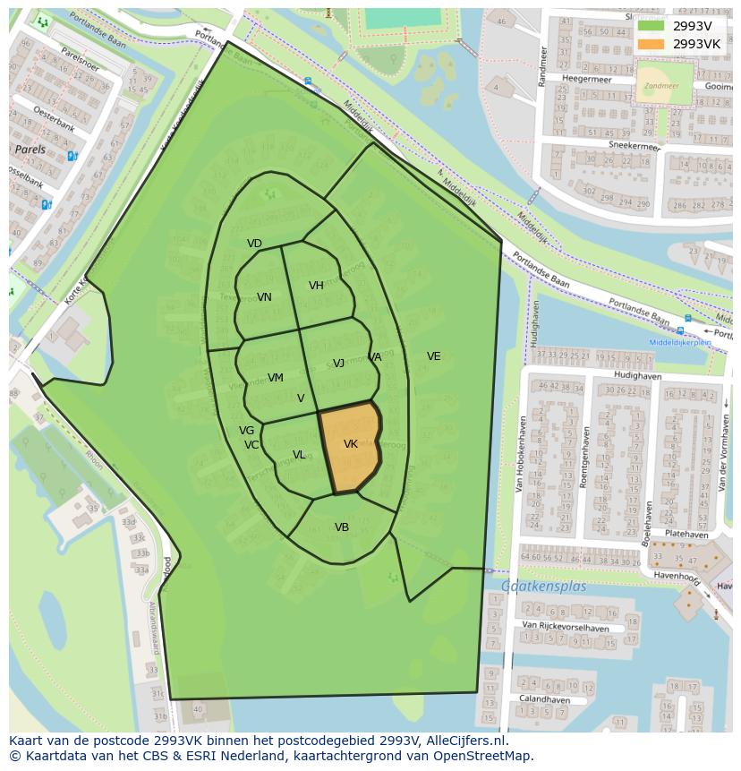 Afbeelding van het postcodegebied 2993 VK op de kaart.