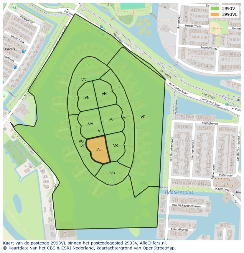 Afbeelding van het postcodegebied 2993 VL op de kaart.
