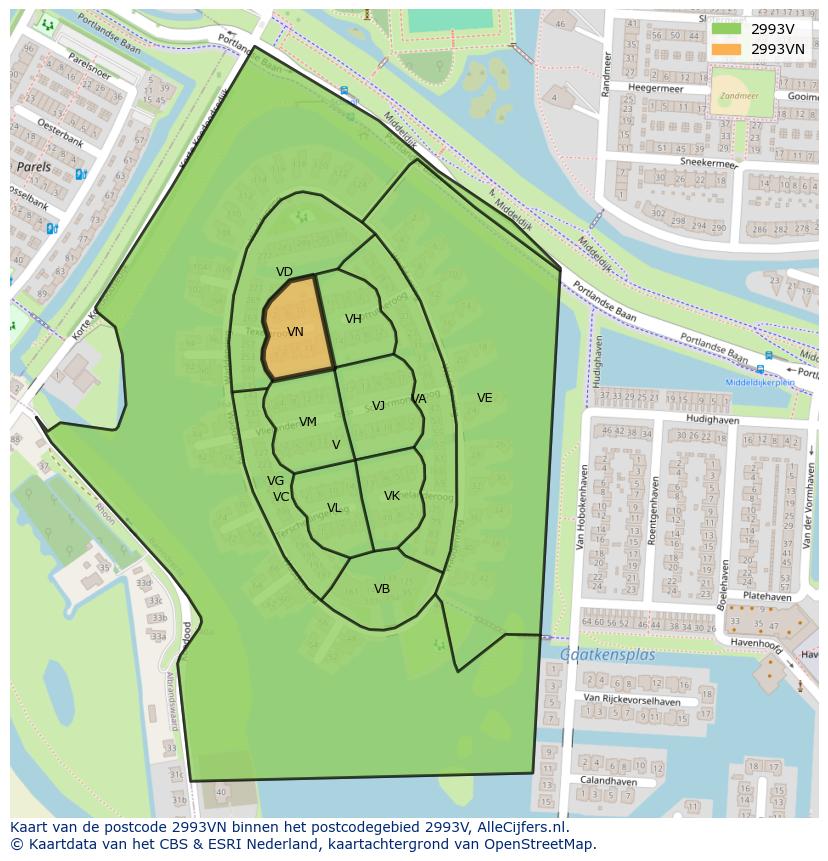 Afbeelding van het postcodegebied 2993 VN op de kaart.