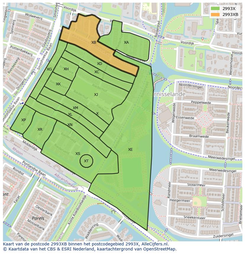 Afbeelding van het postcodegebied 2993 XB op de kaart.