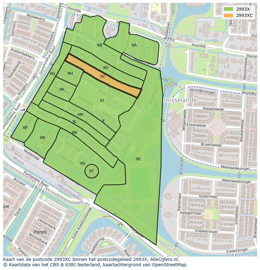Afbeelding van het postcodegebied 2993 XC op de kaart.