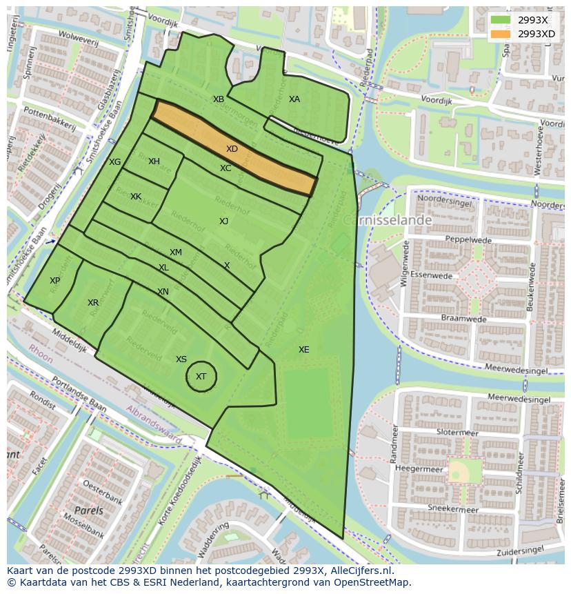Afbeelding van het postcodegebied 2993 XD op de kaart.
