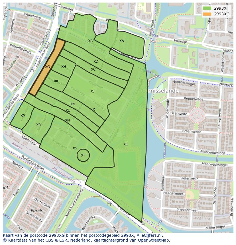 Afbeelding van het postcodegebied 2993 XG op de kaart.