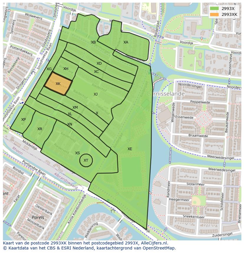 Afbeelding van het postcodegebied 2993 XK op de kaart.