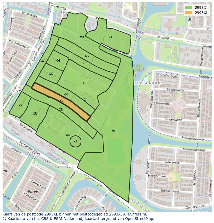 Afbeelding van het postcodegebied 2993 XL op de kaart.