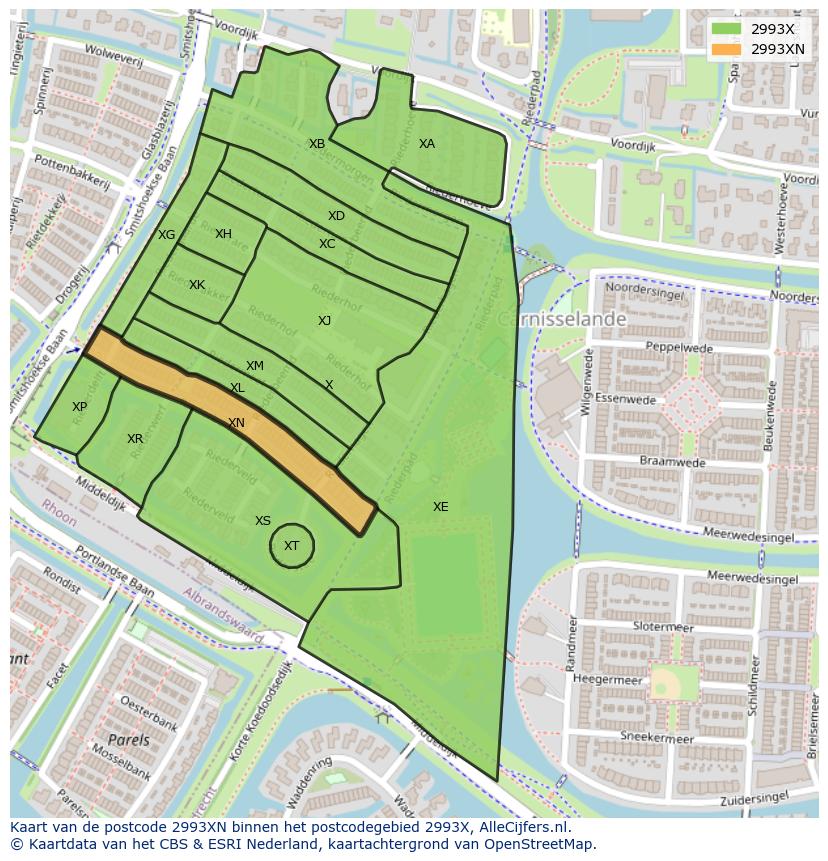 Afbeelding van het postcodegebied 2993 XN op de kaart.