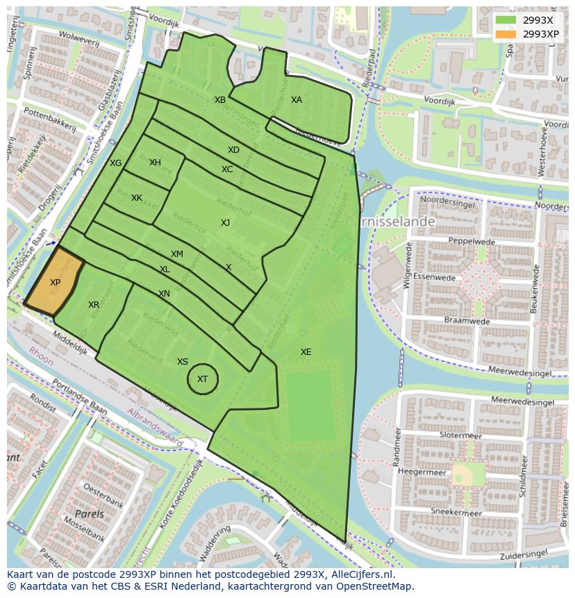 Afbeelding van het postcodegebied 2993 XP op de kaart.