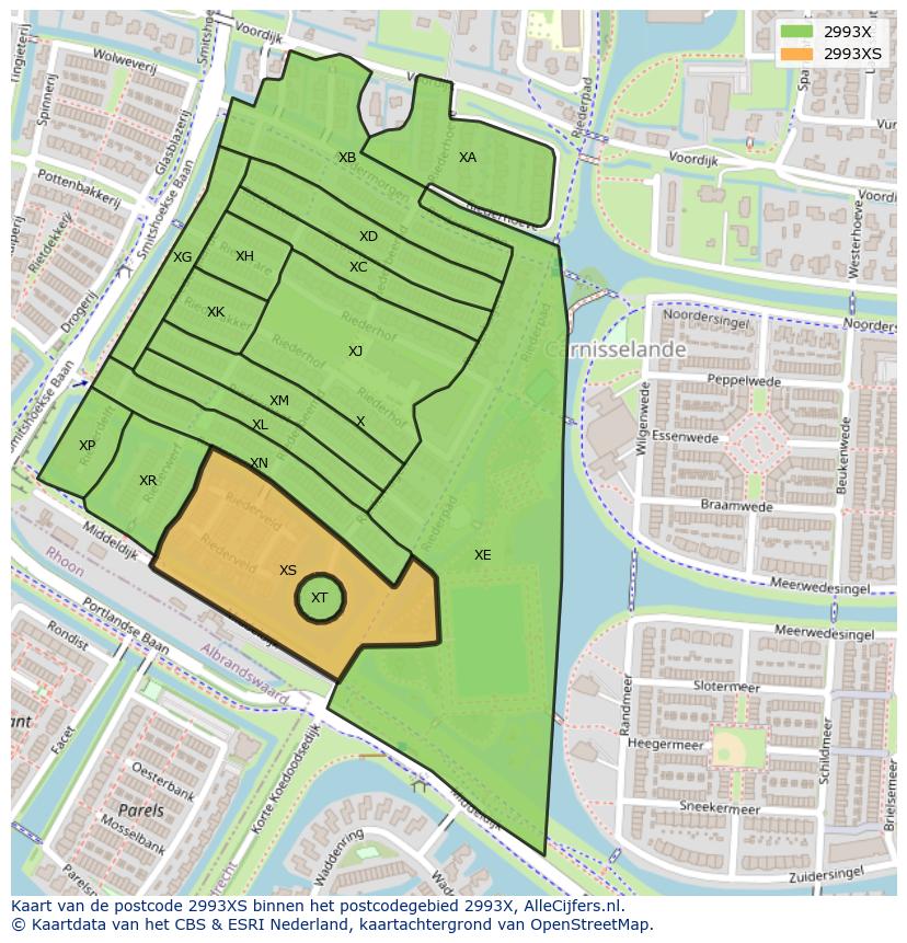 Afbeelding van het postcodegebied 2993 XS op de kaart.