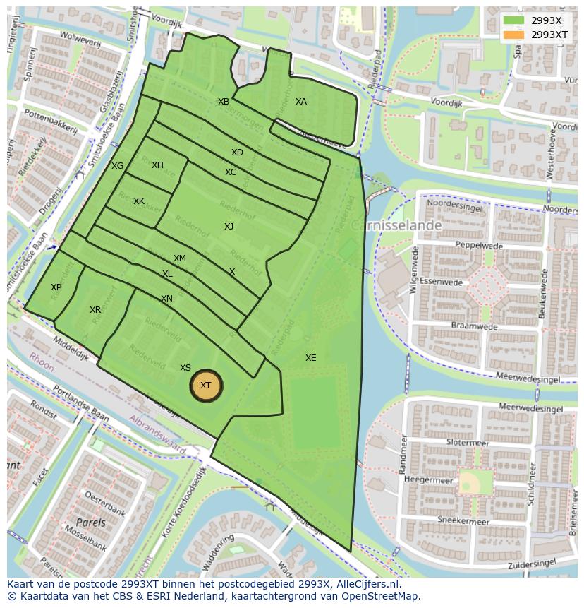 Afbeelding van het postcodegebied 2993 XT op de kaart.