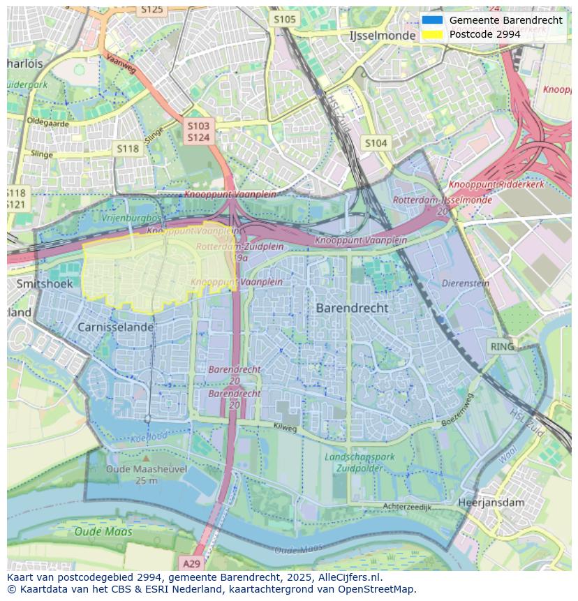 Afbeelding van het postcodegebied 2994 op de kaart.