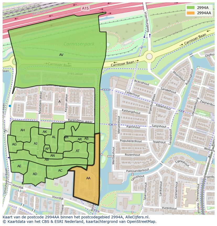 Afbeelding van het postcodegebied 2994 AA op de kaart.