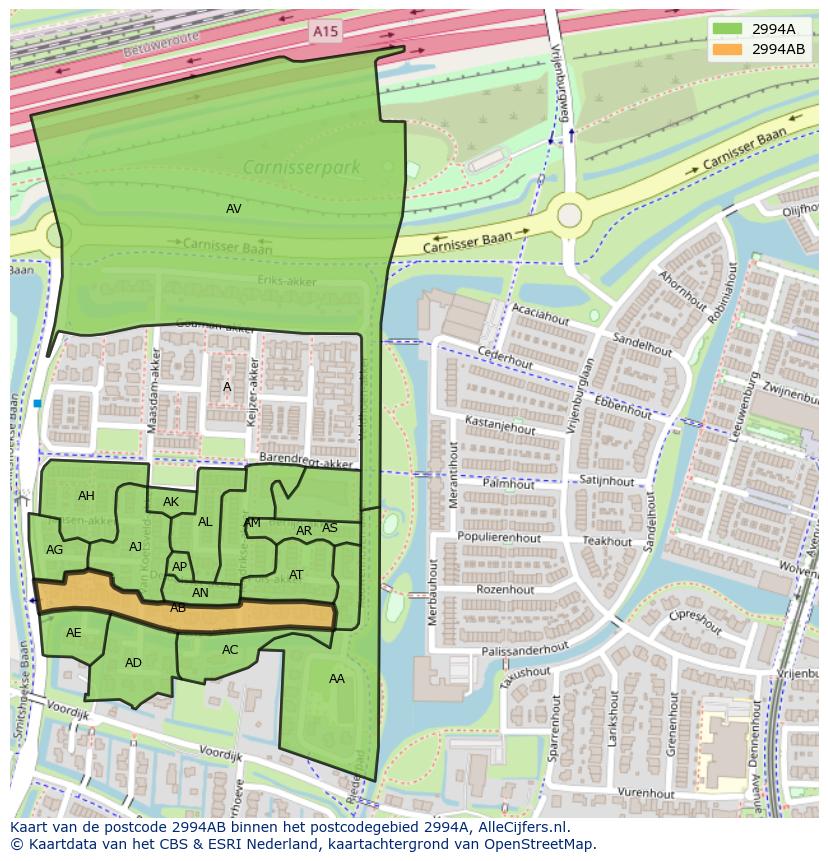 Afbeelding van het postcodegebied 2994 AB op de kaart.