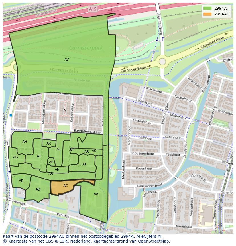 Afbeelding van het postcodegebied 2994 AC op de kaart.