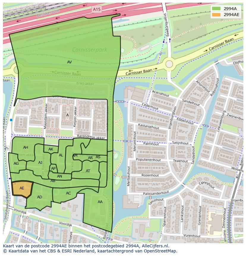 Afbeelding van het postcodegebied 2994 AE op de kaart.