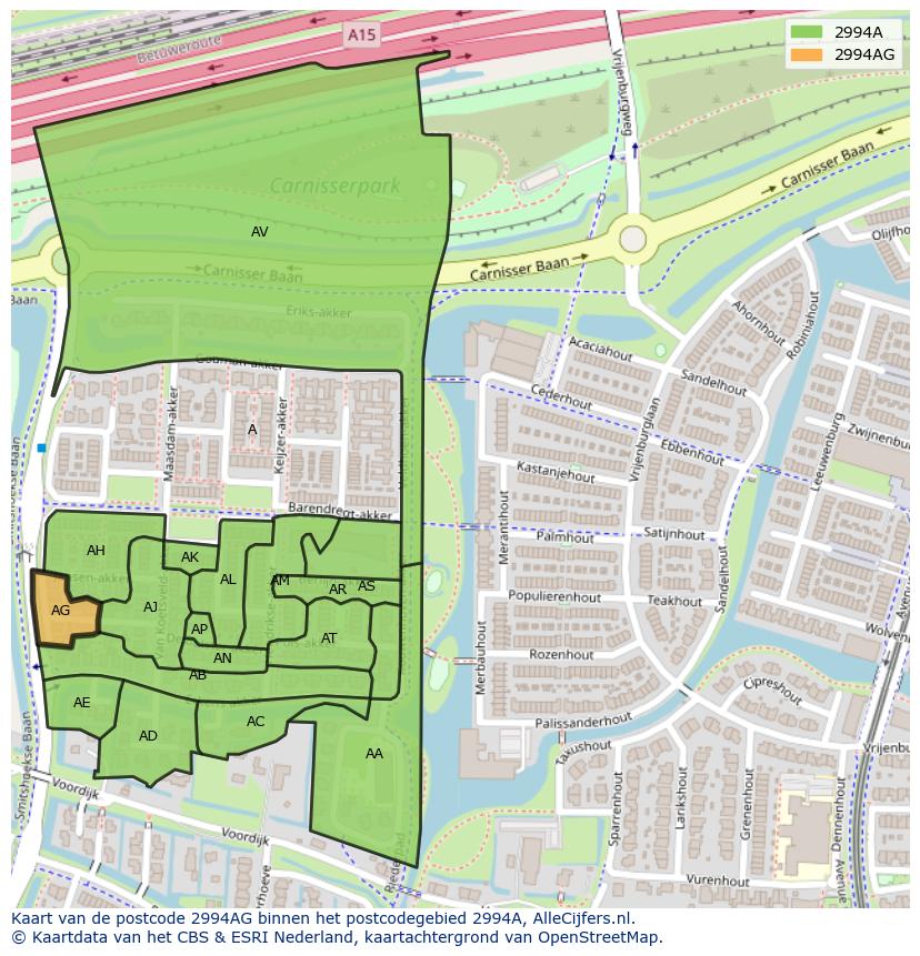 Afbeelding van het postcodegebied 2994 AG op de kaart.