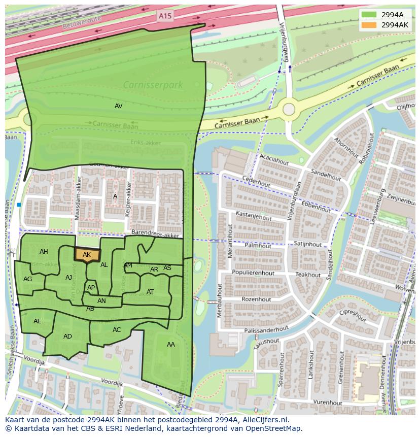 Afbeelding van het postcodegebied 2994 AK op de kaart.