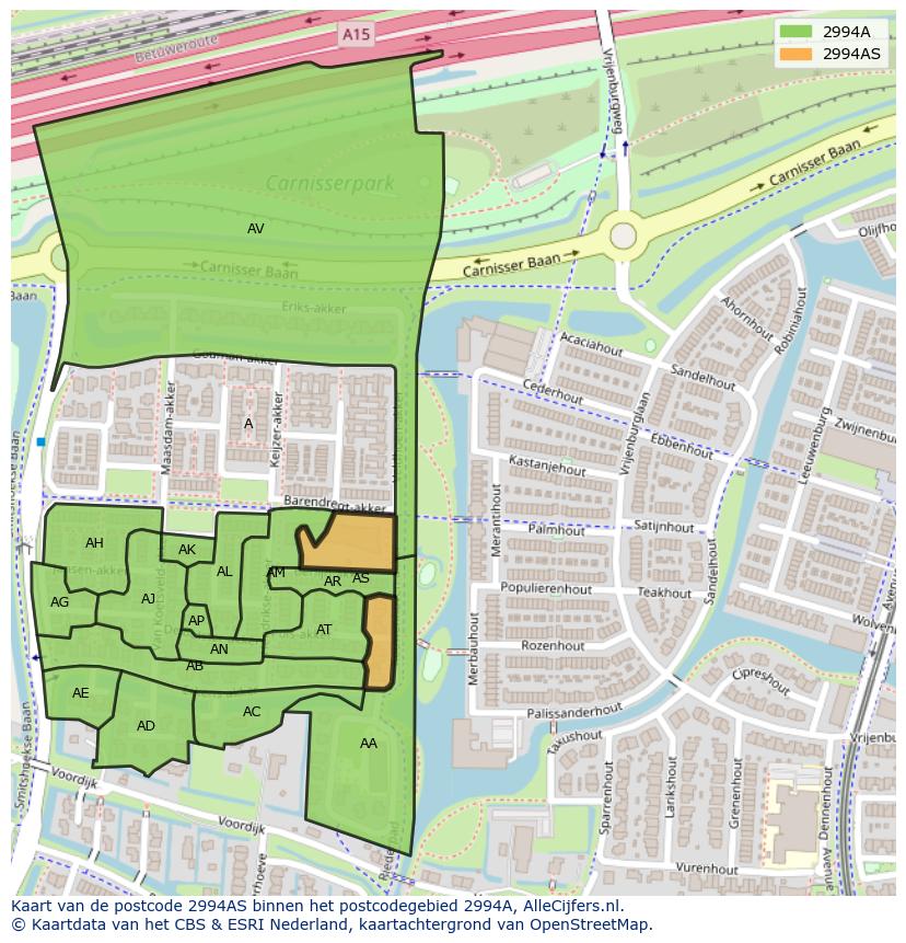 Afbeelding van het postcodegebied 2994 AS op de kaart.