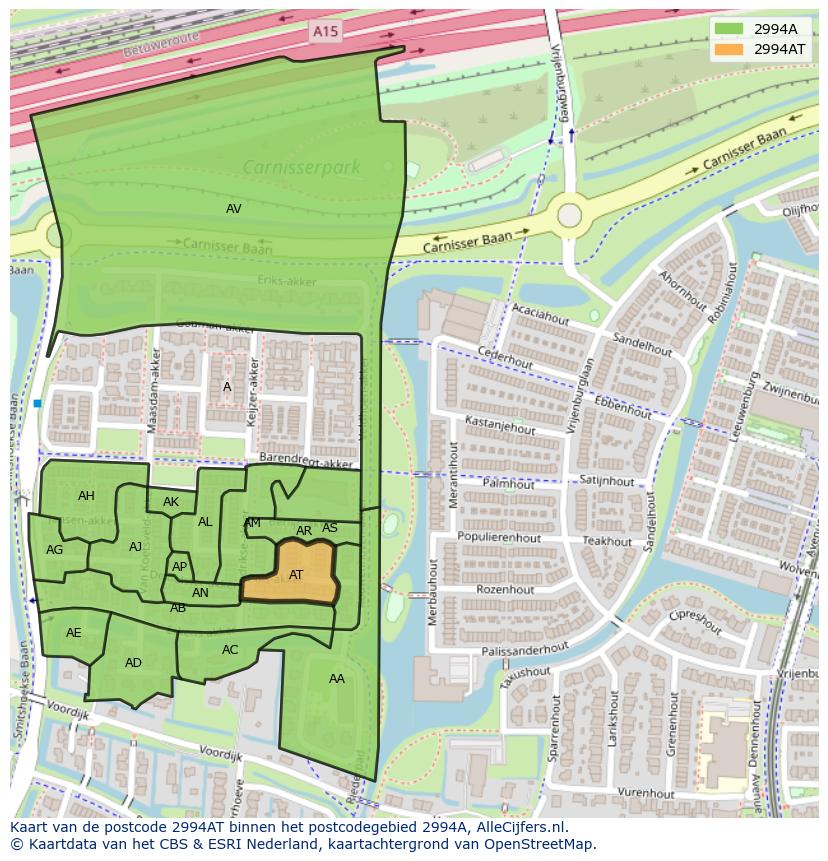 Afbeelding van het postcodegebied 2994 AT op de kaart.