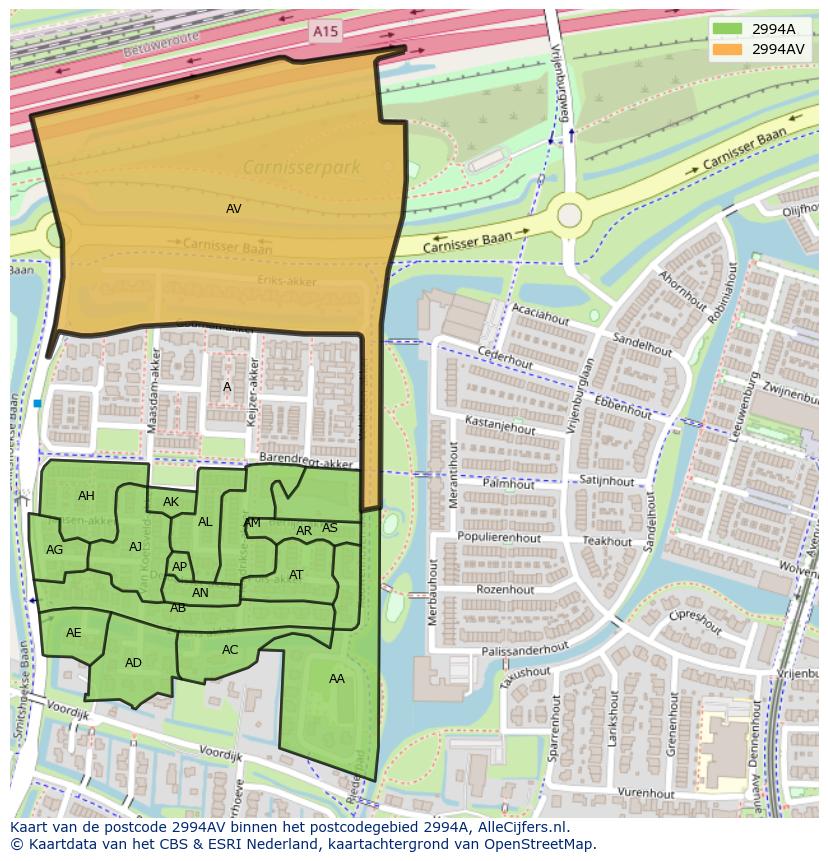 Afbeelding van het postcodegebied 2994 AV op de kaart.