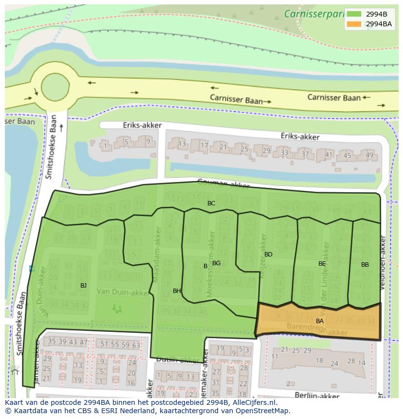Afbeelding van het postcodegebied 2994 BA op de kaart.