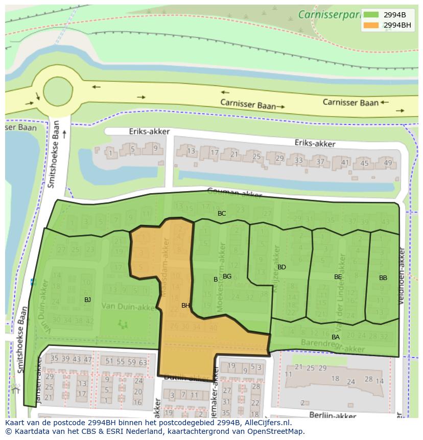 Afbeelding van het postcodegebied 2994 BH op de kaart.